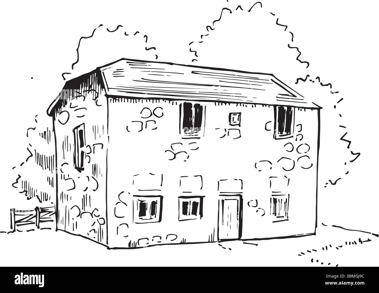 Historic Chapel and Village Street a Dunster, Somerset - illustrazione dell'architettura inglese del patrimonio culturale. Arte testurizzata semplice e minimalista Illustrazione Vettoriale