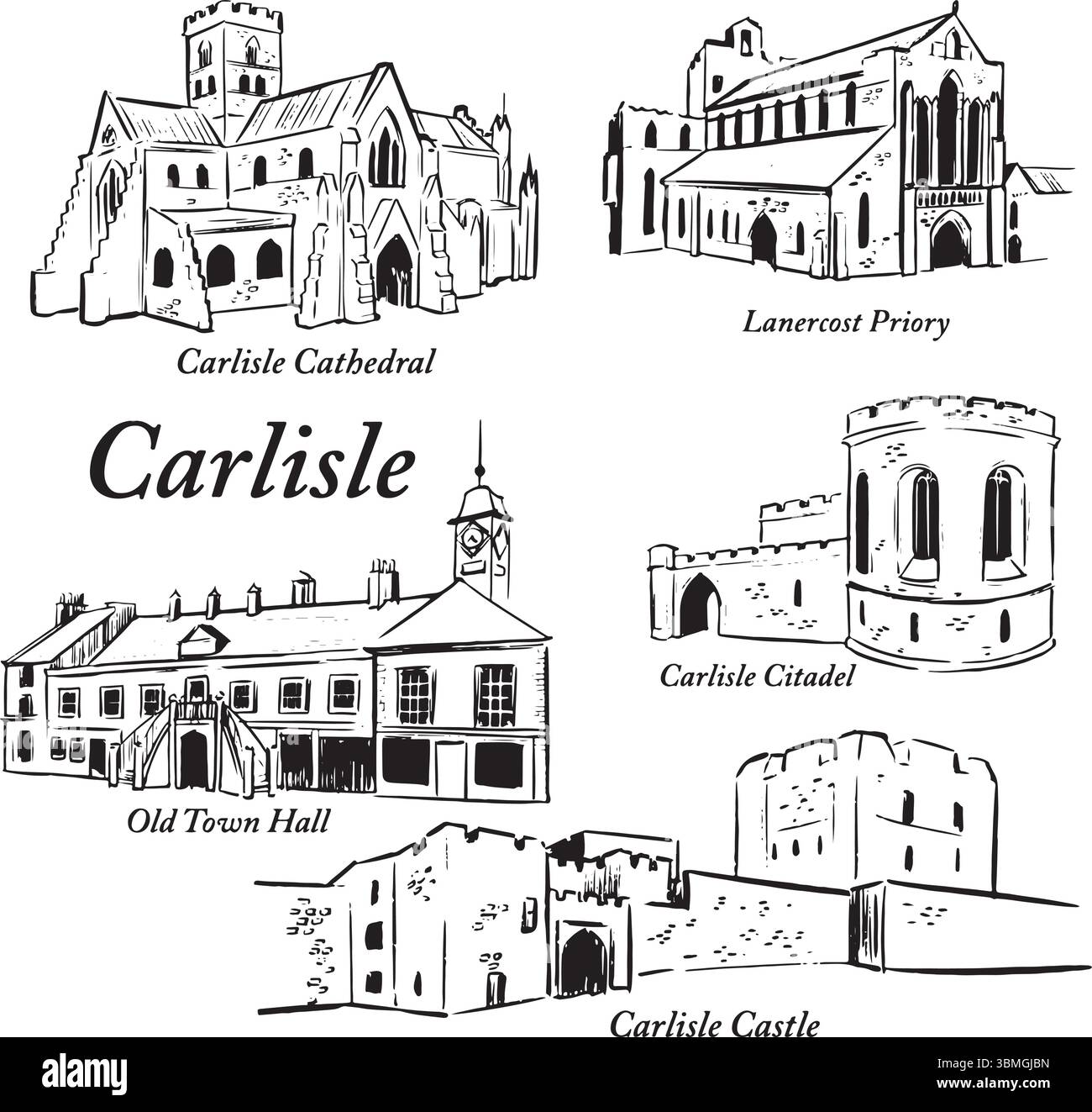 Set di illustrazioni a inchiostro dei monumenti di Carlisle: Cattedrale, Priorato di Lanercost, Municipio Vecchio, Cittadella, Castello. Schizzi di famose attrazioni turistiche dell'Inghilterra Illustrazione Vettoriale