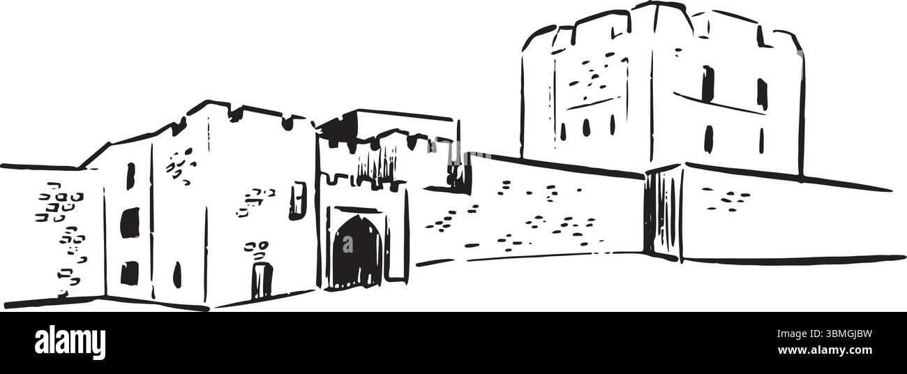 Carlisle Castle, illustrazione a inchiostro in Inghilterra. Architettura militare normanna disegno in bianco e nero. Sito di attrazione turistica storica e culturale. Illustrazione Vettoriale
