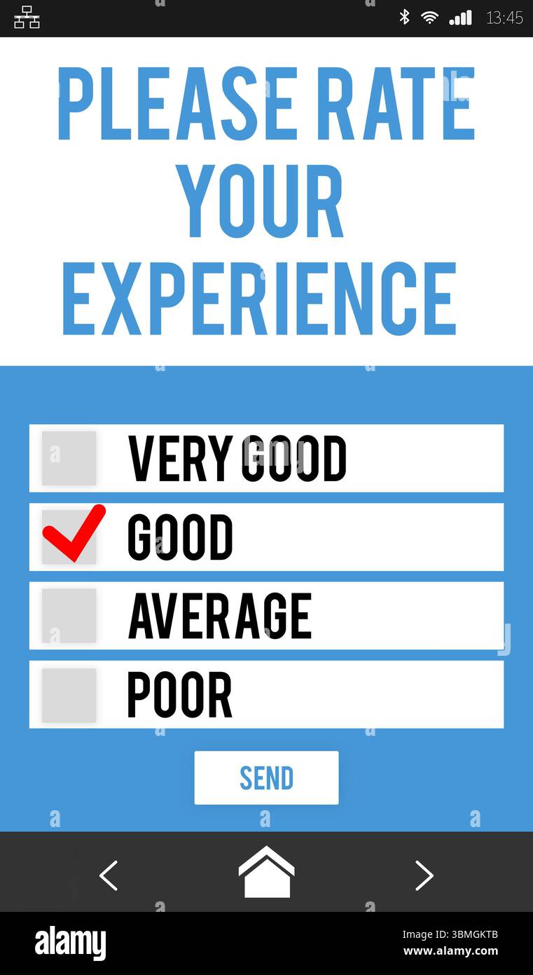 Il modulo di valutazione del feedback viene visualizzato sullo schermo piatto dello smartphone con caselle di controllo, segno di spunta rosso Foto Stock