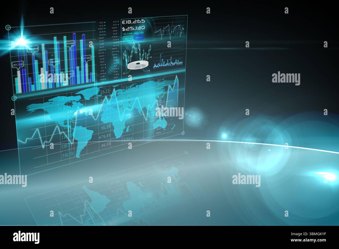 Il dashboard olografico con rendering 3D è fluttuante sul pavimento in vuoto e mostra grafici, indicatori e dati Foto Stock