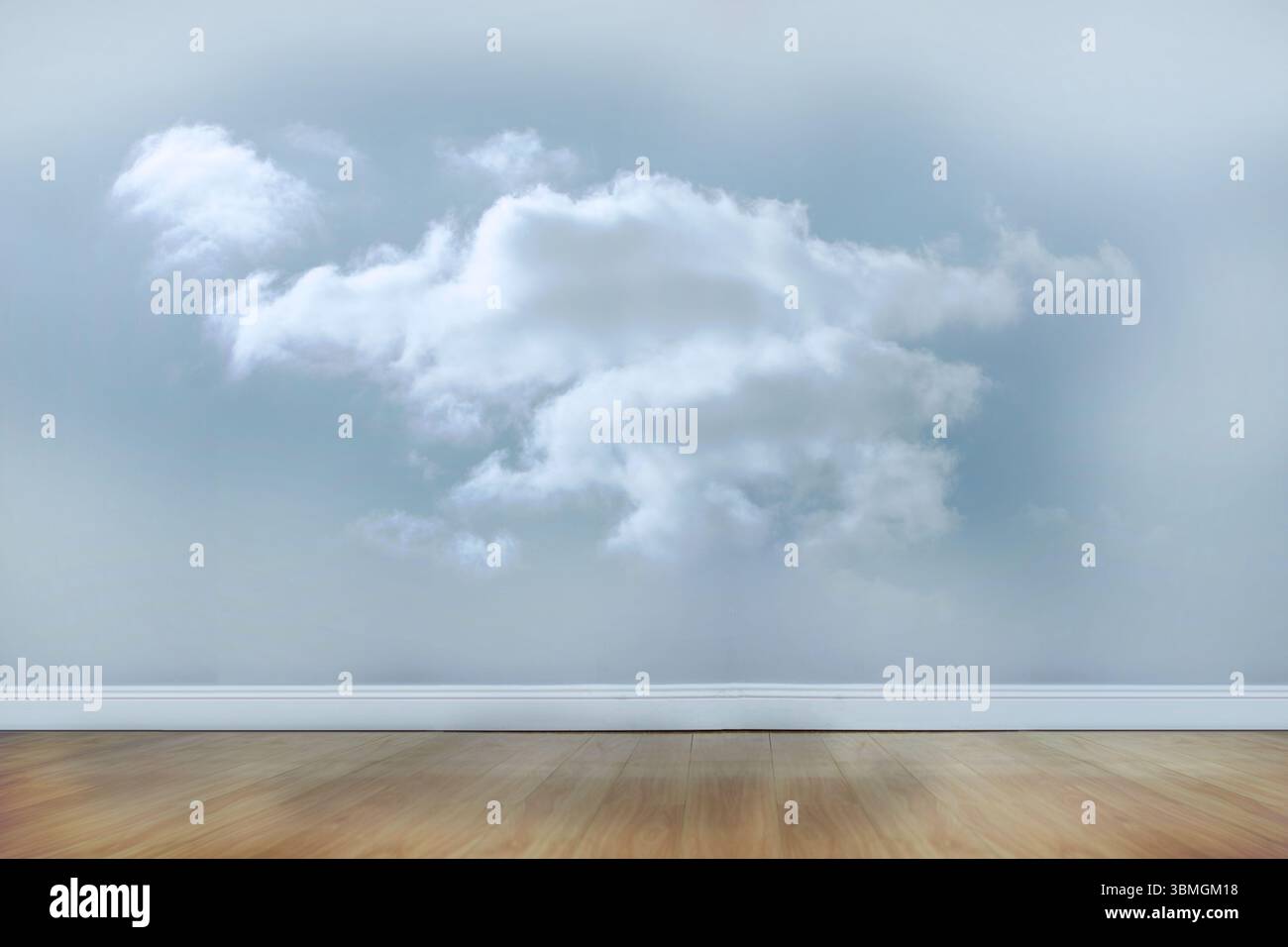 Il design piatto e la morbida nuvola fluttuano su una parete blu pastello su un pavimento in legno, finiture della base Foto Stock