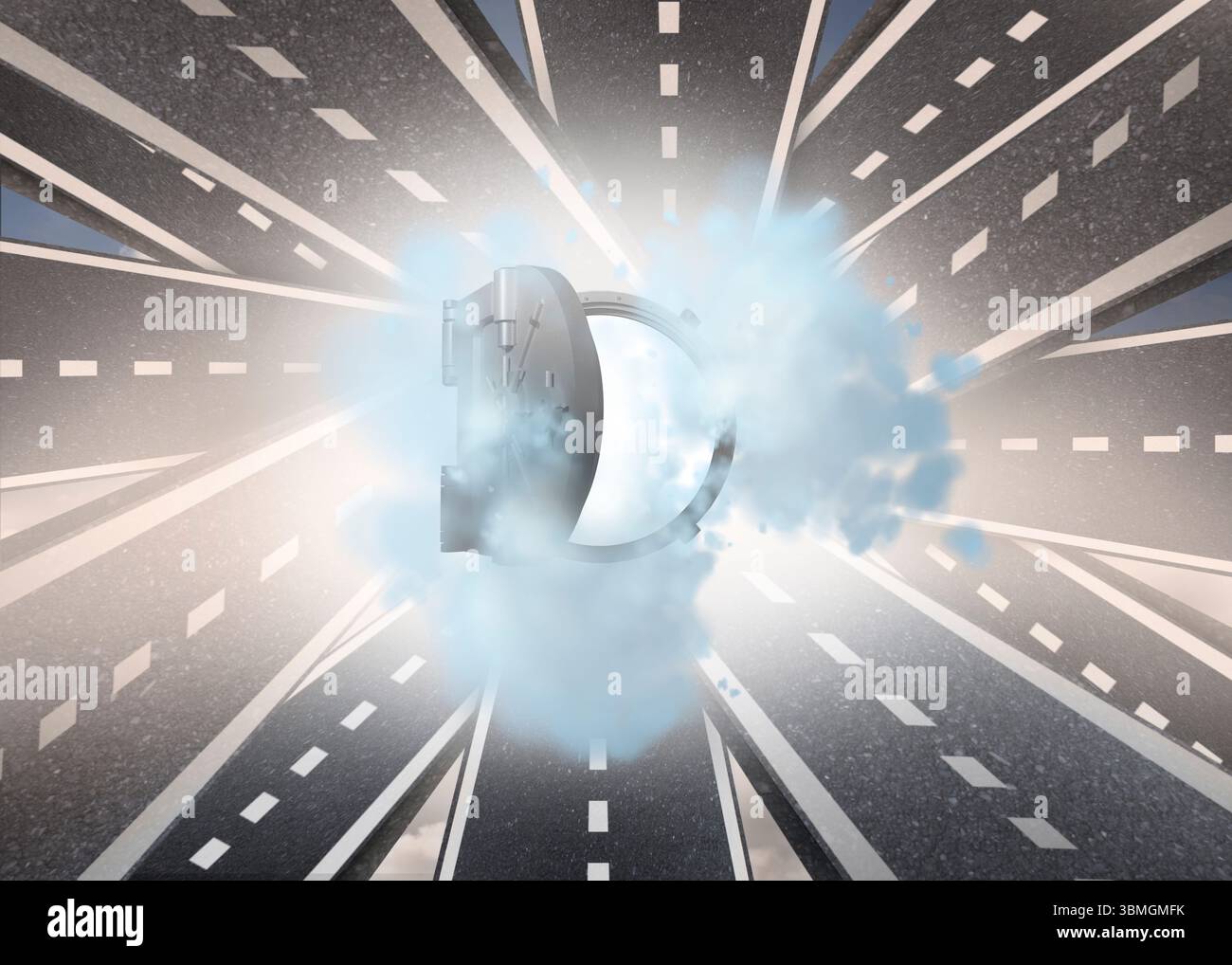 Aprire al sicuro in una nube di polvere su strade Foto Stock