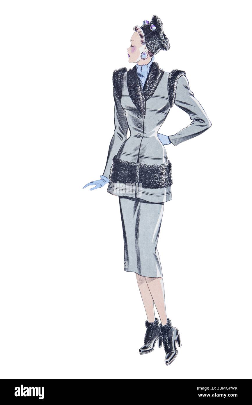 Modello alla moda in elegante tuta grigia con rifiniture in pelliccia. Fine anni '1930 - auricolari anni '40 Foto Stock