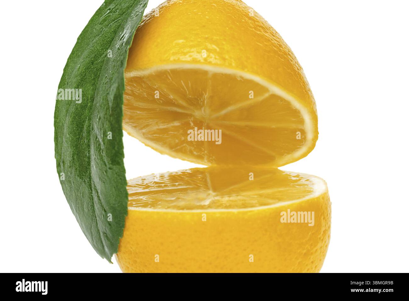 Gelbe zitrone in zwei teile geschnitten mit einem blatt isoliert auf einem weissen hintergrund Foto Stock