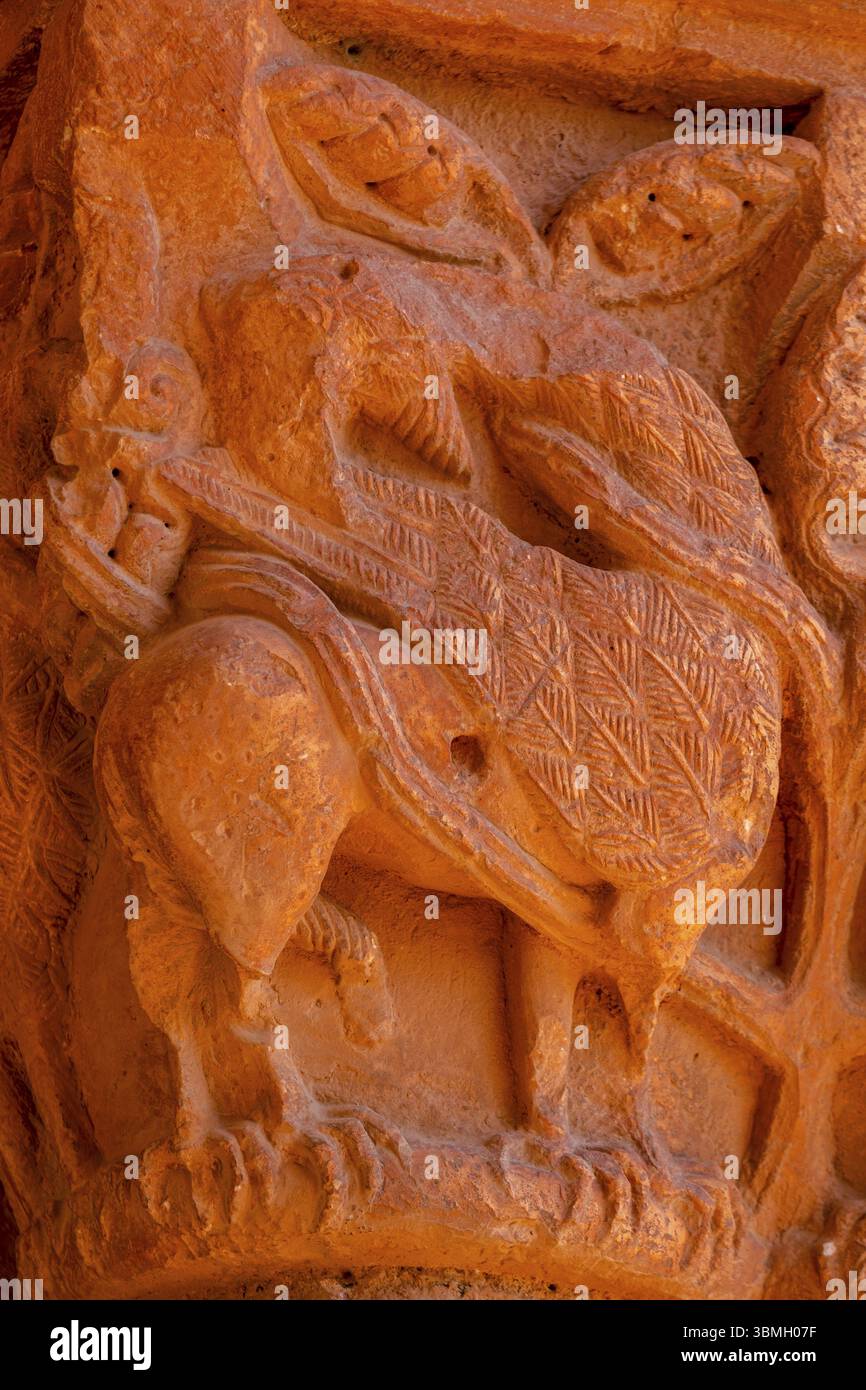 Animale mitologico, eremo romanico di Santa Maria de Tiermes, XII secolo, sito archeologico di Tiermes, Soria, comunità autonoma di Cast Foto Stock