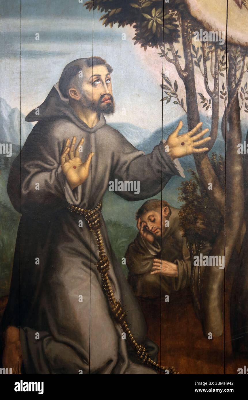 Stigmatisazione di San Francesco da parte di Francisco Joao (1580-1590). Olio su legno. St Francisco Museum Center. Evora. Portogallo. Foto Stock