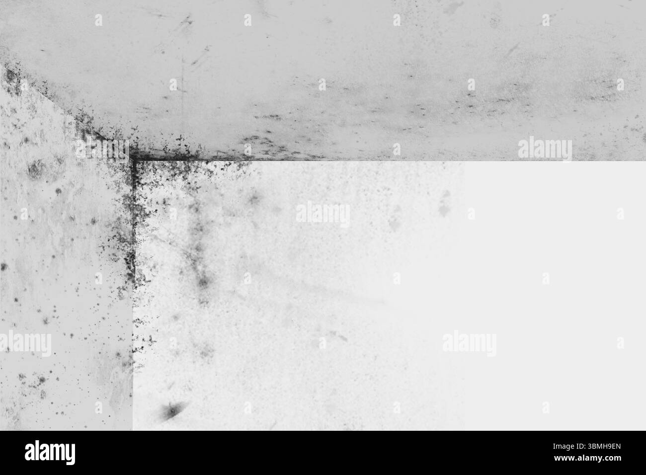 Illustrazione dell'angolo sagomato dal design piatto che mostra le pareti umide dell'intonaco che si uniscono alla giunzione con striature di sporcizia Foto Stock