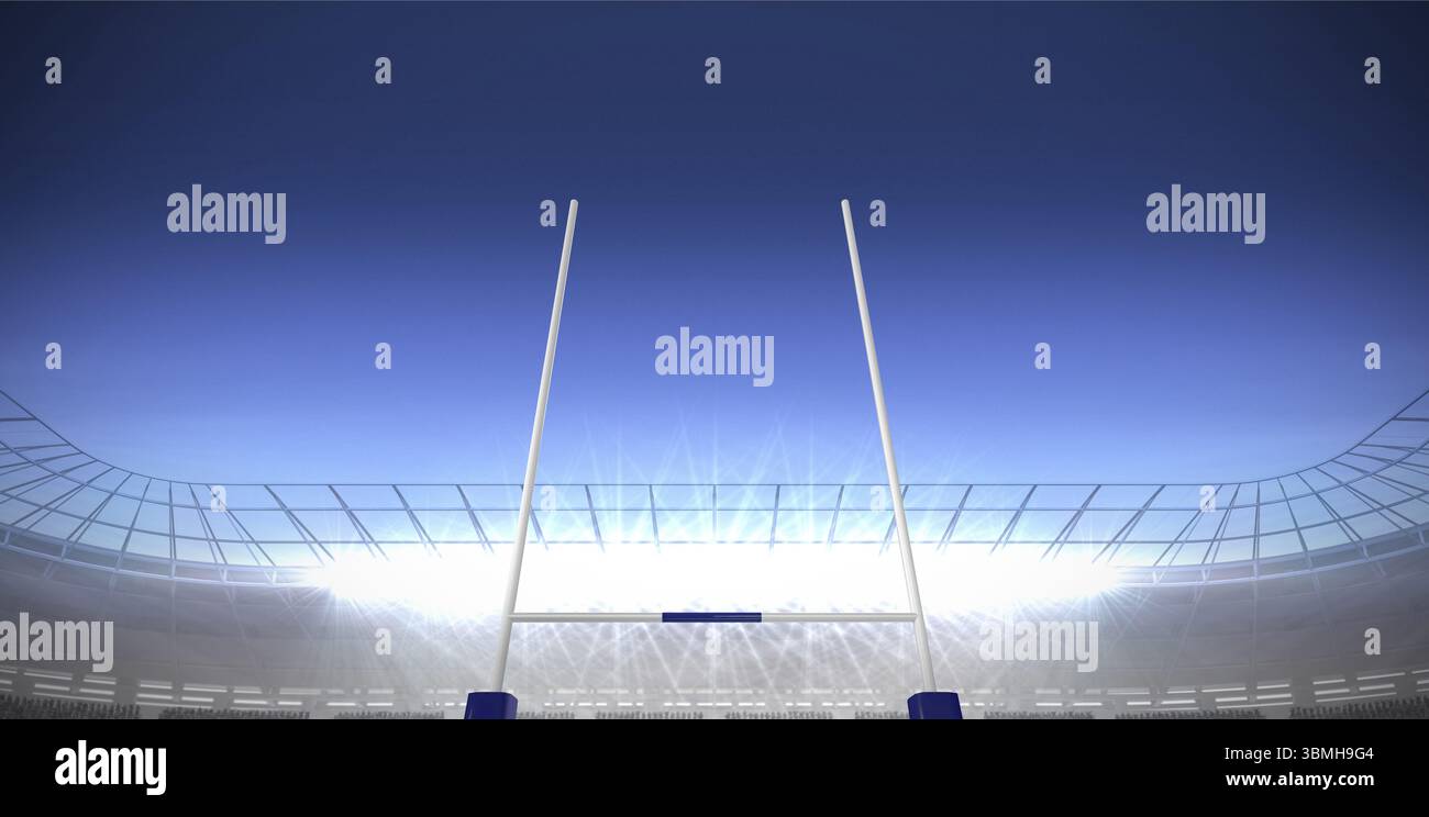 I pali bianchi sono in piedi in un campo da stadio dal design piatto, mostrando posti vuoti e proiettori Foto Stock
