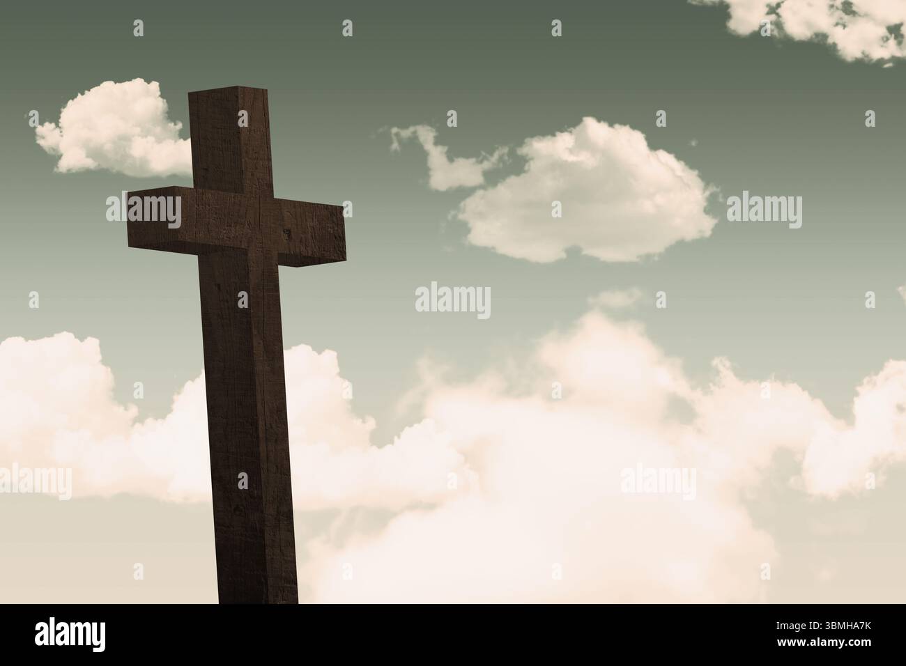 L'arte di design piatto mostra un'alta croce di legno che si innalza contro un cielo verde tenue con nuvole di crema Foto Stock