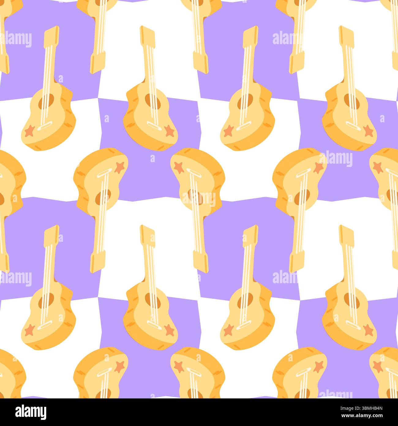 Cartoon Guitar Design a pattern senza cuciture. Motivo senza cuciture con chitarre acustiche gialle decorate con stelle su sfondo viola a scacchi. Cartoo piatto Illustrazione Vettoriale