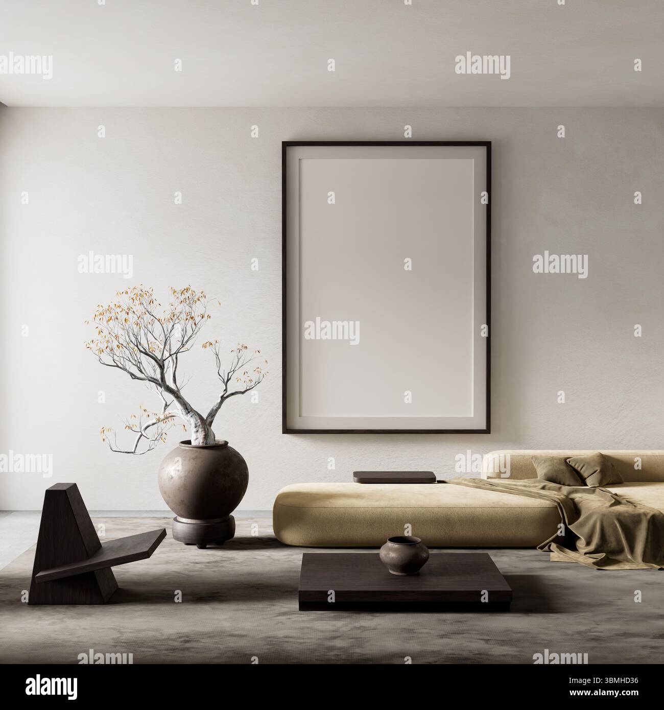 Un moderno soggiorno minimalista caratterizzato da toni neutri, un albero scultoreo di bonsai e mobili di basso profilo per un'estetica serena ed elegante. Illo 3D. Foto Stock