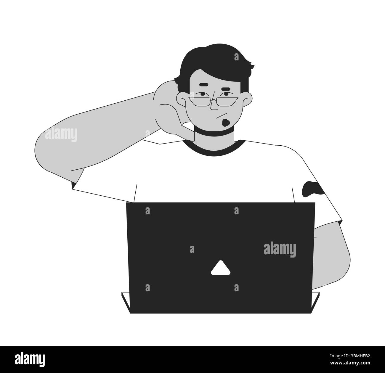 Un arabo confuso che usa un laptop mentre gratta il personaggio 2D line dietro la testa Illustrazione Vettoriale