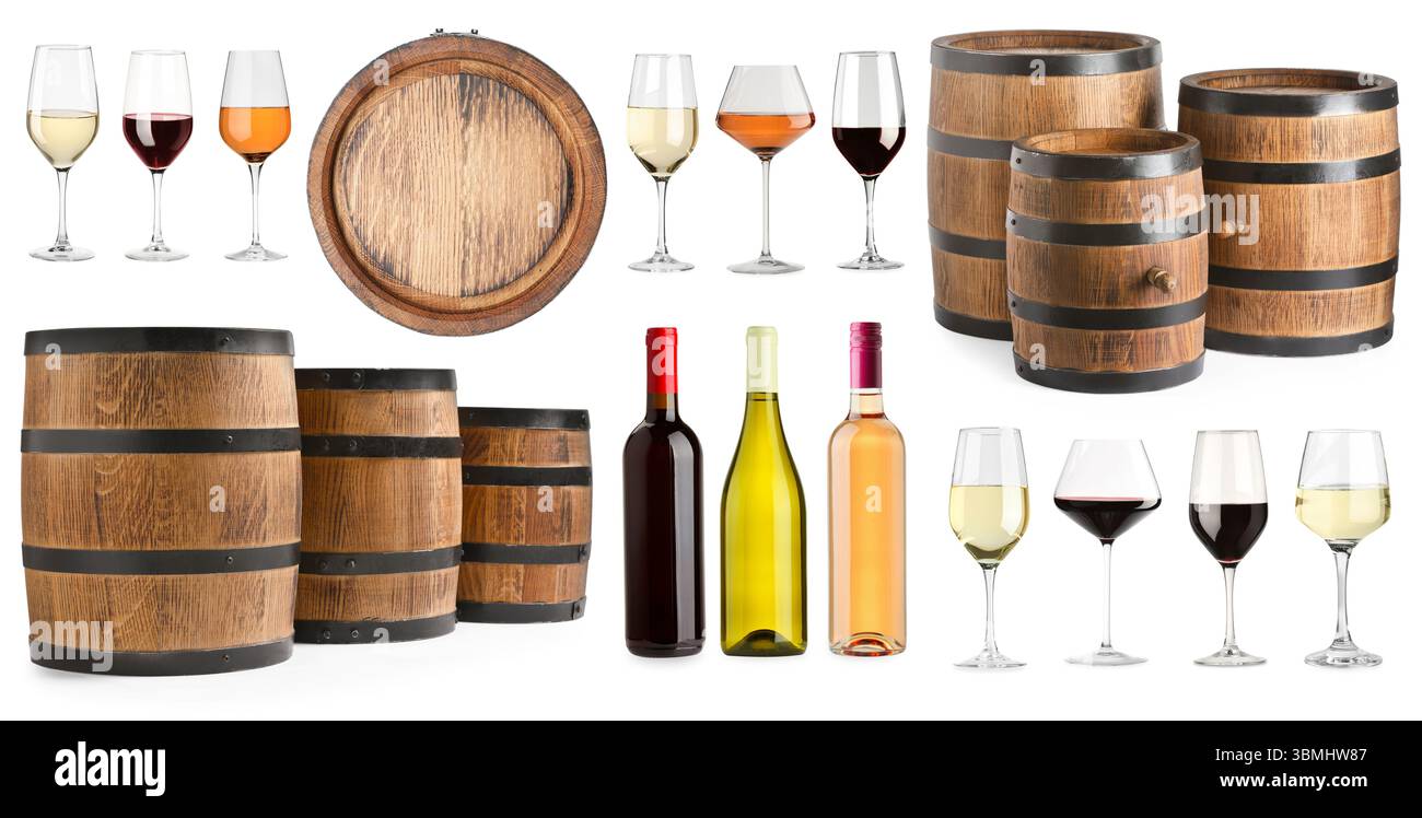 Diversi tipi di vino, set. Bottiglie, bicchieri e fusti isolati su bianco Foto Stock