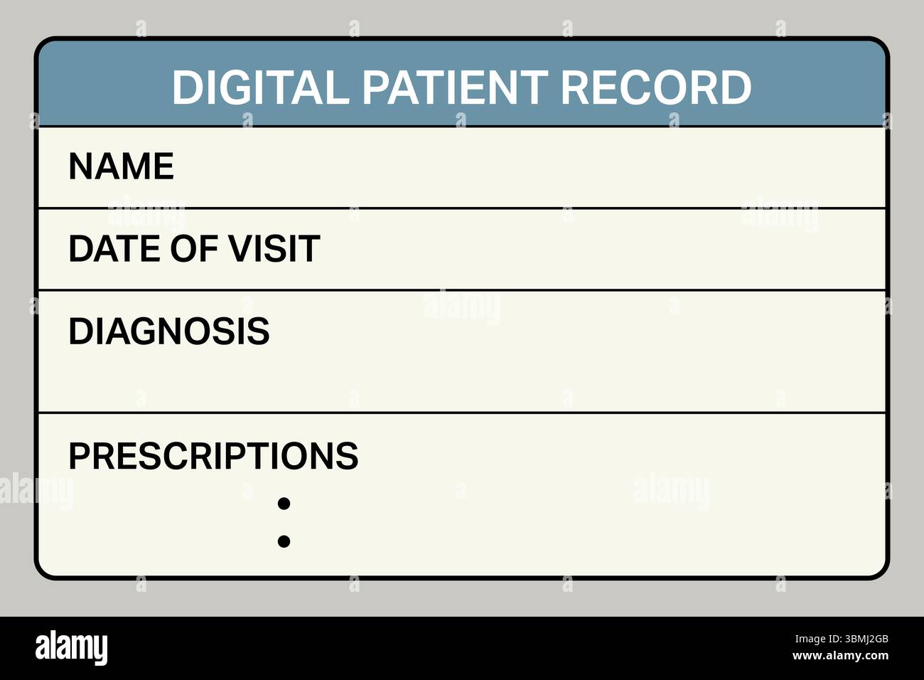 Modello di scheda clinica con sezioni per nome, diagnosi e prescrizioni. Illustrazione Vettoriale