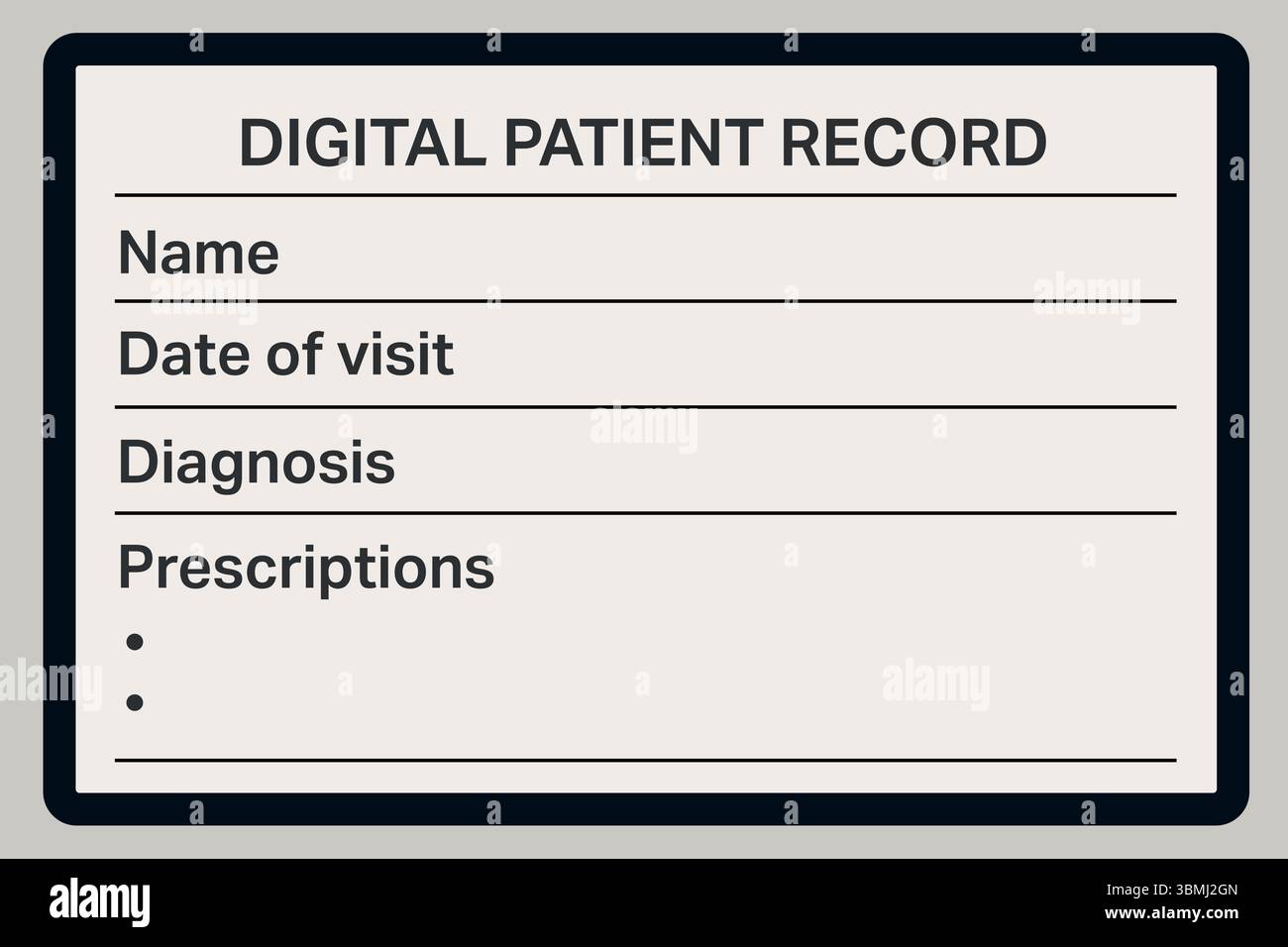 Un modello di modulo digitale per la cartella clinica con sezioni per la data della visita e le prescrizioni Illustrazione Vettoriale