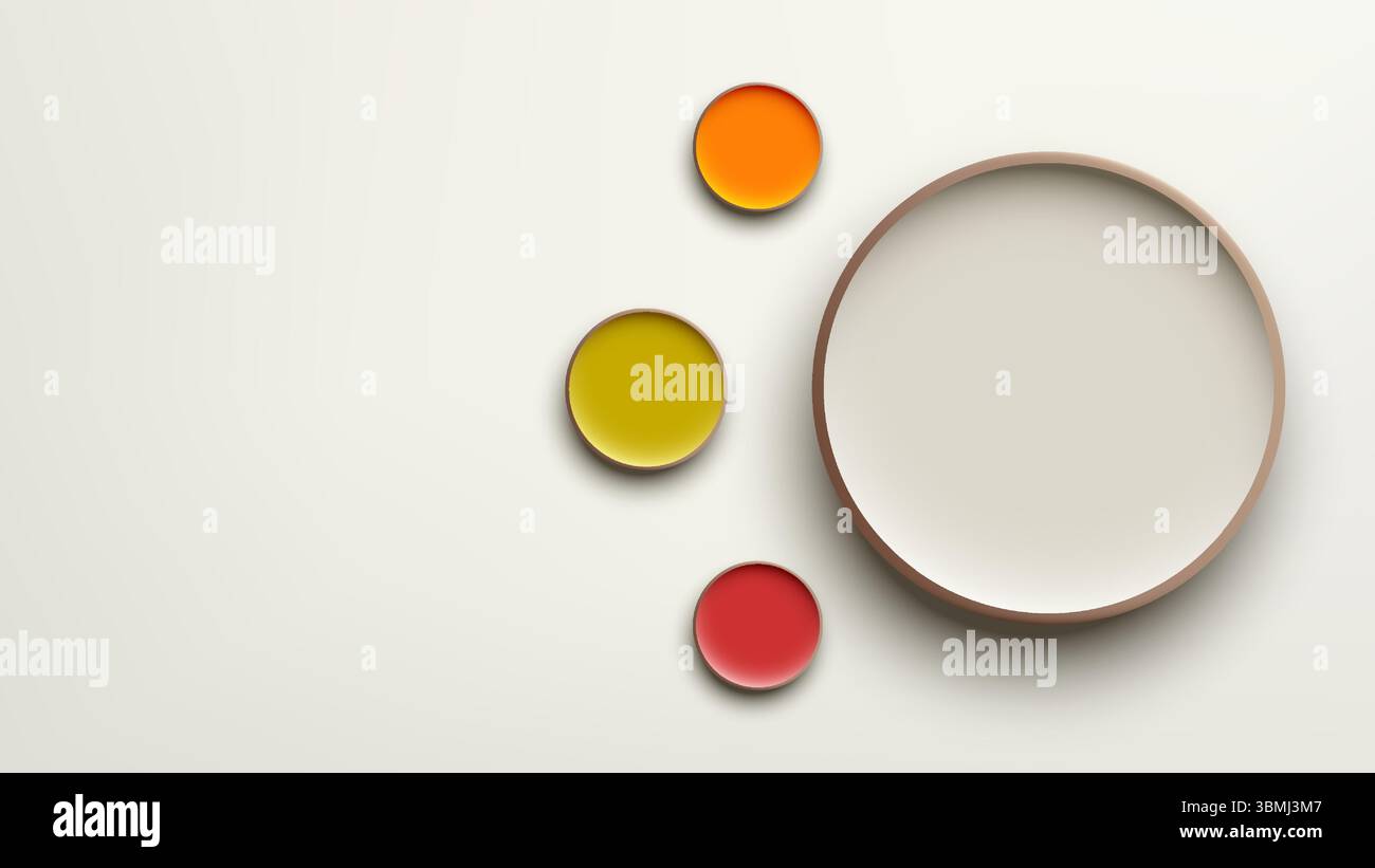 Moderno cerchio luminoso 3D astratto ampio con bordo spesso tre cerchi luminosi più piccoli arancione, giallo, rosso su un morbido sfondo bianco, design grafico, Illustrazione Vettoriale