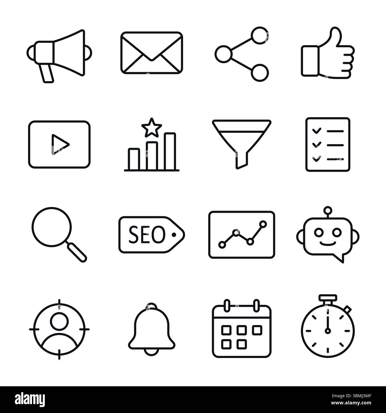 Icone sottili che rappresentano strumenti e concetti di marketing online, analisi, SEO e automazione. Illustrazione Vettoriale