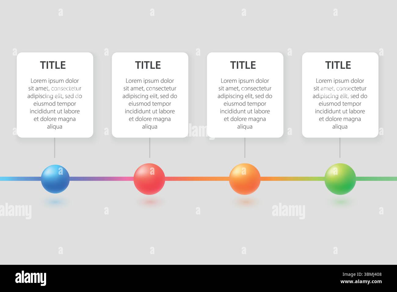 Quattro caselle verticali con sfere sfumate sotto e testo segnaposto Illustrazione Vettoriale