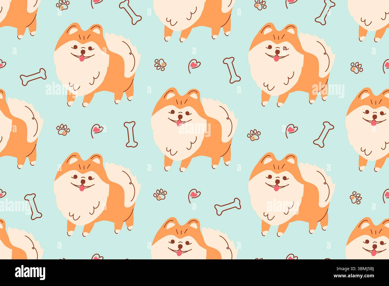 Motivo senza cuciture di uno Spitz della Pomerania. Cani carini disegnati in stile piatto, spitze tedesche purosangue. Stampa per abbigliamento per bambini, abbigliamento per cani, tessuti e carta. Illustrazione Vettoriale