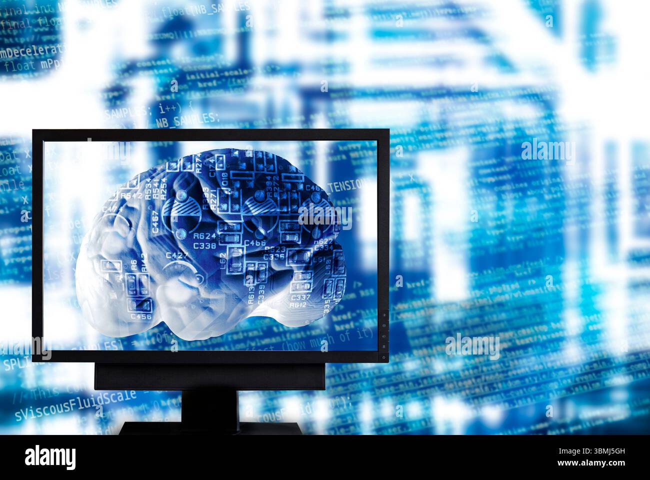 Intelligenza artificiale e tecnologia digitale del cervello visualizzati sul monitor del computer, concetto di apprendimento automatico Foto Stock