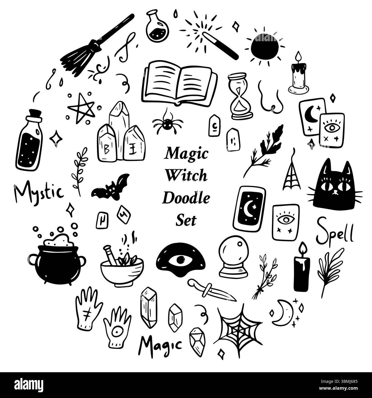 Un'accattivante collezione di simboli mistici di scarabocchi, pozioni e oggetti magici unici che riflettono pratiche di stregoneria Illustrazione Vettoriale