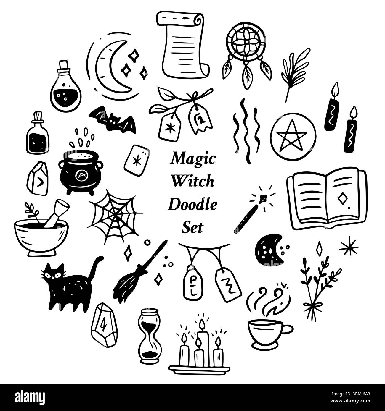 Un'accattivante collezione di simboli mistici di scarabocchi, pozioni e oggetti magici unici che riflettono pratiche di stregoneria Illustrazione Vettoriale