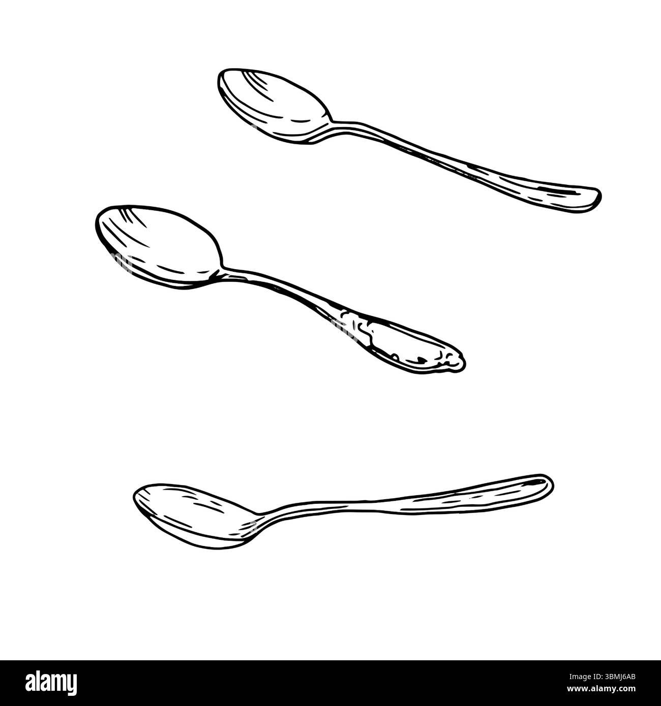 Cucchiai di tè e caffè, schizzi di inchiostro bianco e nero. Illustrazione vettoriale. Un set per menu e ricette, isolato su sfondo bianco. Il tema di Illustrazione Vettoriale