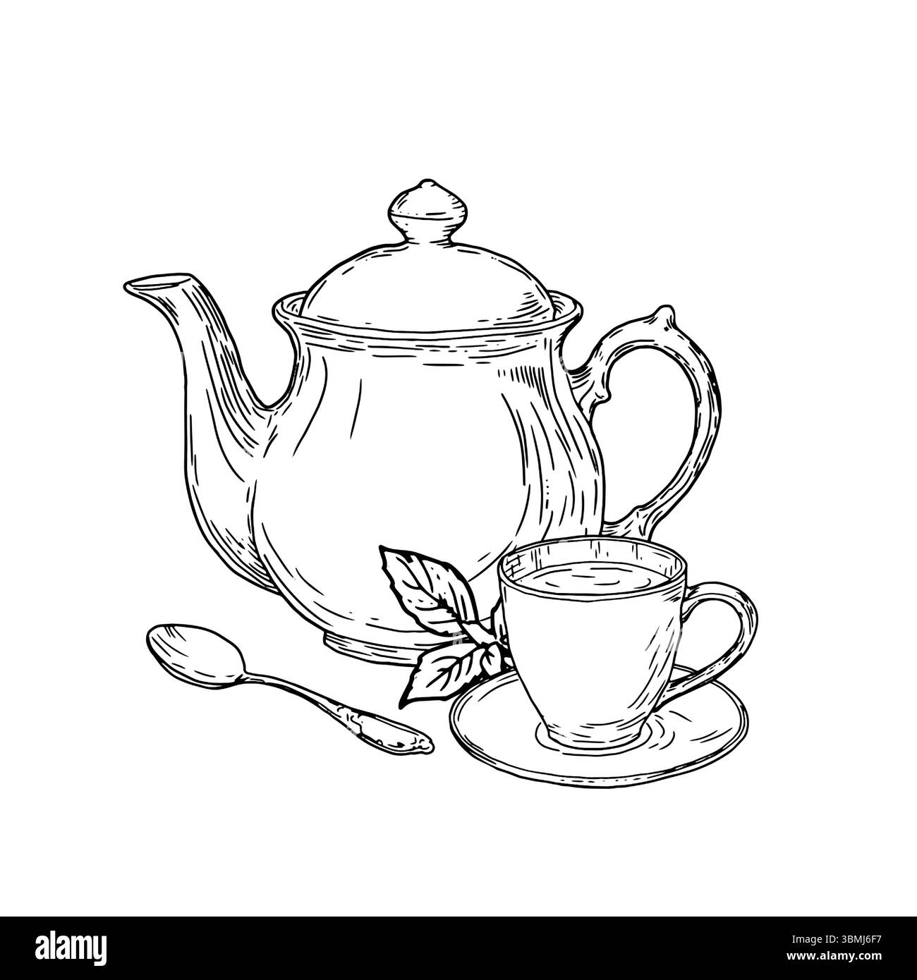 Una teiera in porcellana e una tazza di caffè, uno schizzo a inchiostro bianco e nero. Illustrazione vettoriale. Composizione del tè, con foglie di alberi da tè, un cucchiaio e una tazza Illustrazione Vettoriale