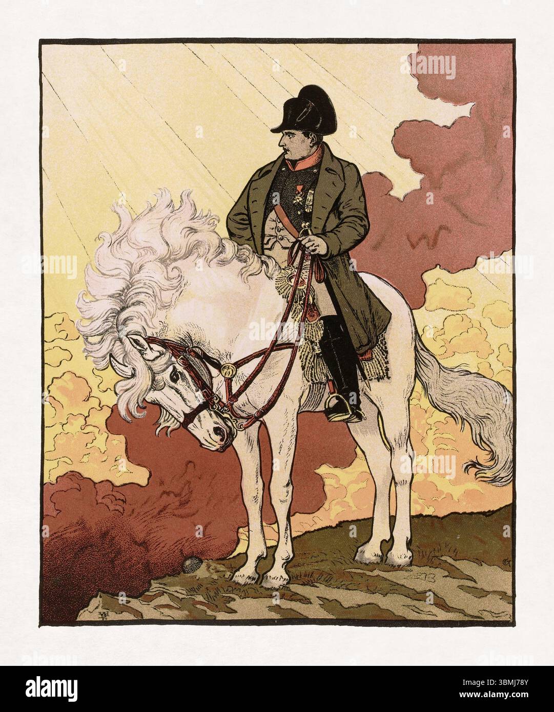 Litografia a colori di Eugène Grasset di Napoleone Bonaparte sul suo cavallo bianco. Foto Stock