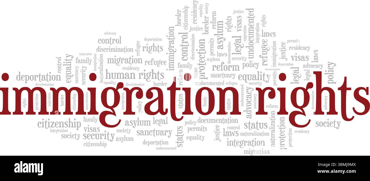 Immigration Rights Word Cloud Conceptual design isolato su sfondo bianco. Illustrazione Vettoriale
