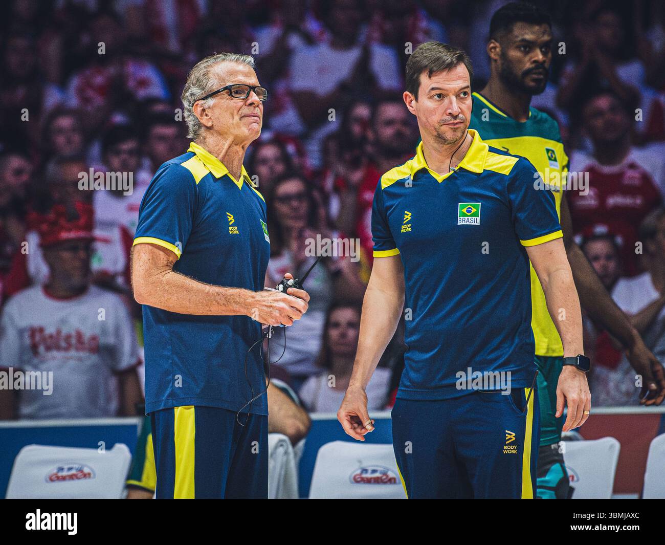 Polonia contro Brasile durante la partita maschile FIVB Volleyball Nations League 2024 del 27 giugno a Łódź, Polonia. Foto Stock