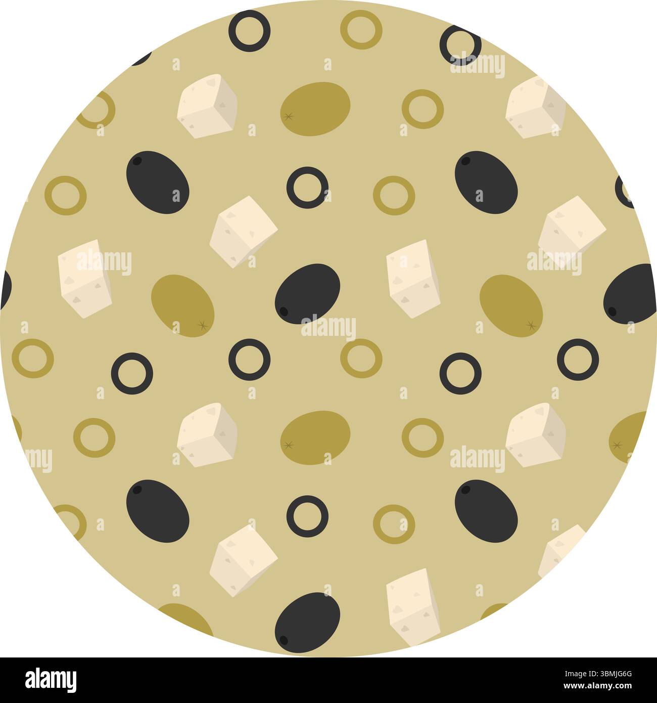 A mano libera Olive scure e verdi intere e cubetti di formaggio motivo senza cuciture su sfondo circolare. Illustrazione vettore isolato cibo sano o carte menu banner promozionali, opuscoli, etichette, etichetta dei prezzi Illustrazione Vettoriale