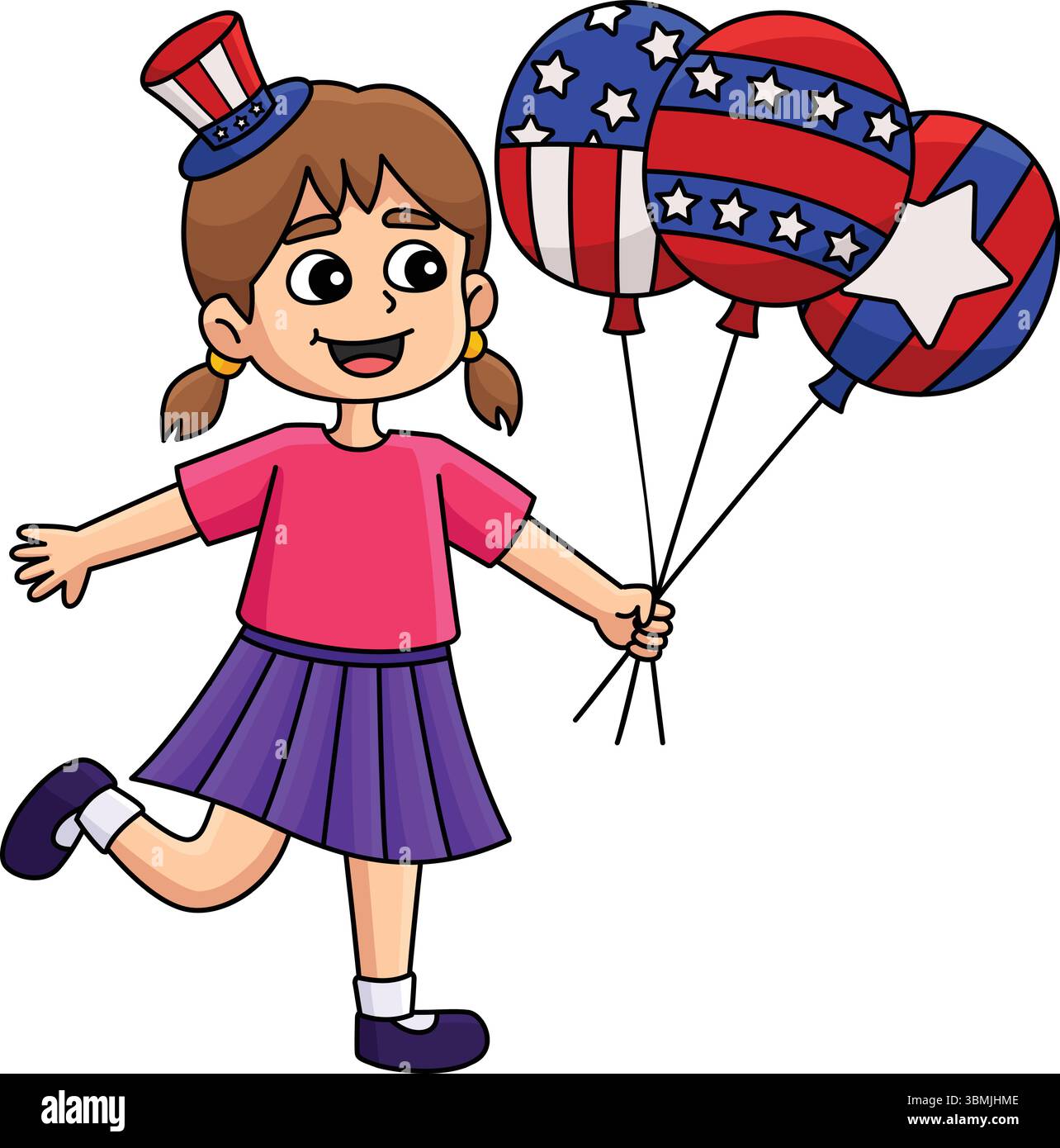 4 luglio Girl Holding Balloons Cartoon Clipart Illustrazione Vettoriale