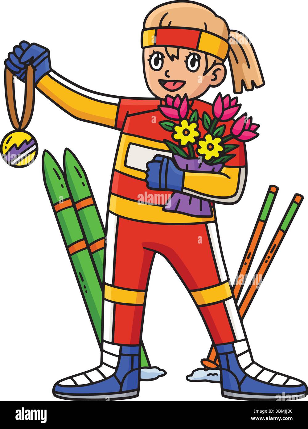 Biathlon femminile biatleta Medal Bouquet Clipart Illustrazione Vettoriale