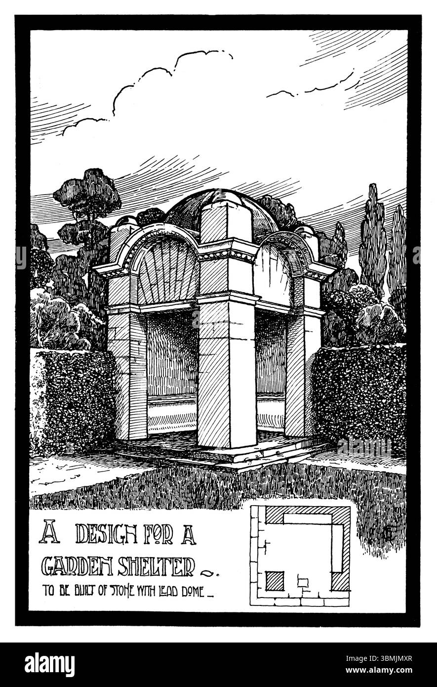 Progettazione di una piccola casa estiva con giardino in pietra edoardiana con tetto a cupola di piombo di R F Cerrito da Studio Magazine 1903 Foto Stock