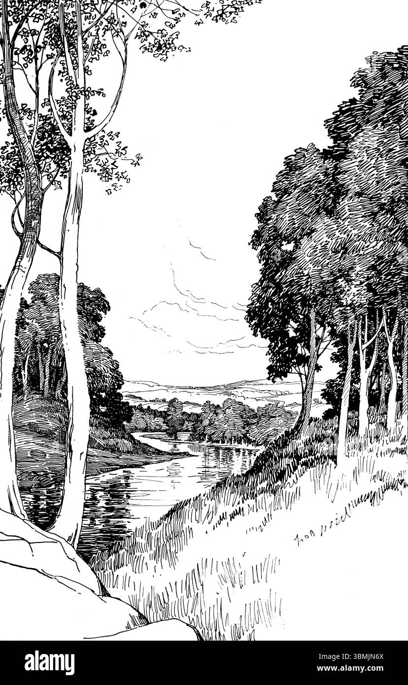 Paesaggio bucolico lungo il fiume disegnato dall'illustratore Ernest Chawner Bewlay di Birmingham, da Studio Magazine 1903 Foto Stock