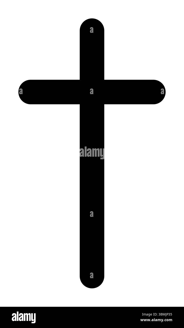 Croce cristiana, silhouette vettoriale in bianco e nero, illustrazione di forma religiosa a croce latina arrotondata, isolata su bianco Illustrazione Vettoriale