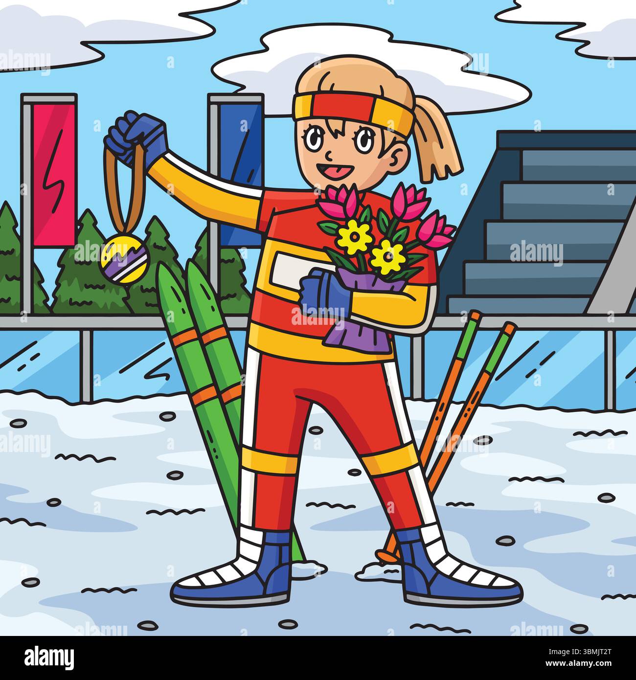 Biathlon femminile biatleta Medal Bouquet colorato Illustrazione Vettoriale