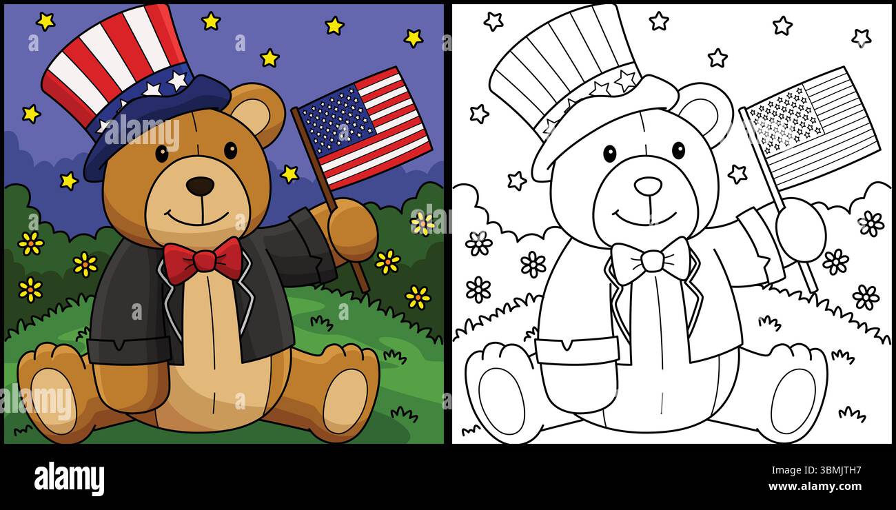 4 luglio Teddy Bear con illustrazione della bandiera degli Stati Uniti Illustrazione Vettoriale