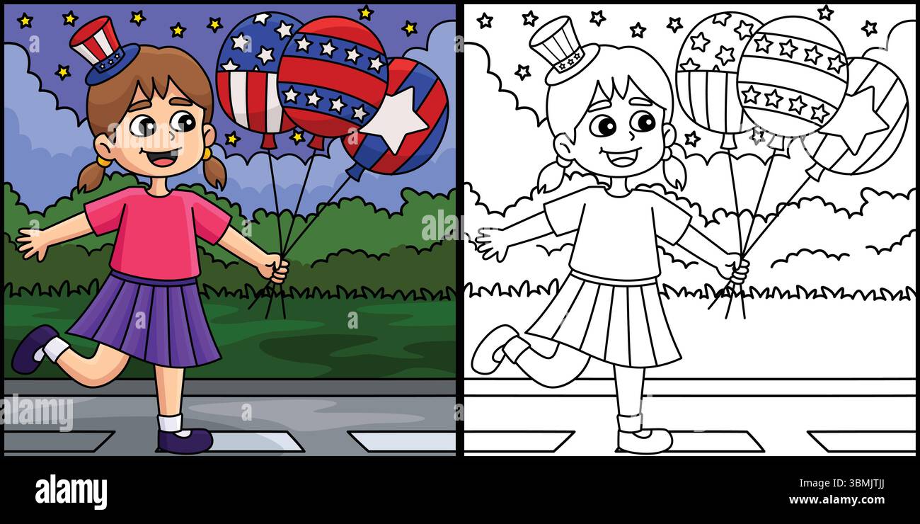 4 luglio Girl Holding Balloons Illustration Illustrazione Vettoriale