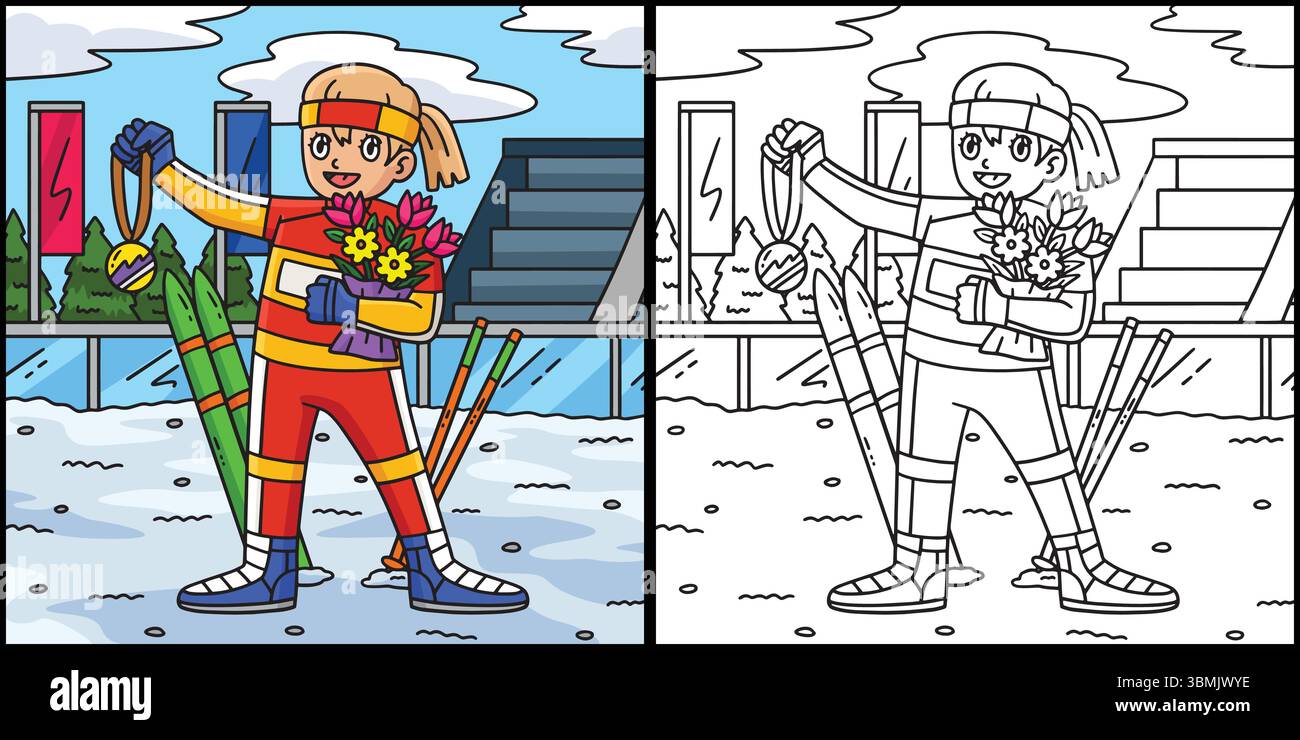 Illustrazione bouquet medaglia biatleta femminile Illustrazione Vettoriale