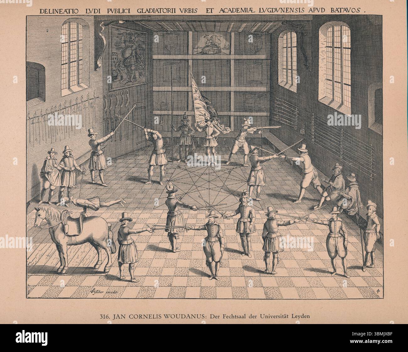 Scuola di scherma dell'Università di Leida, Paesi Bassi, Willem Isaacsz. Van Swanenburg, Jan Cornelisz. Van 't Woudt, Claes Jansz. Visscher II Foto Stock