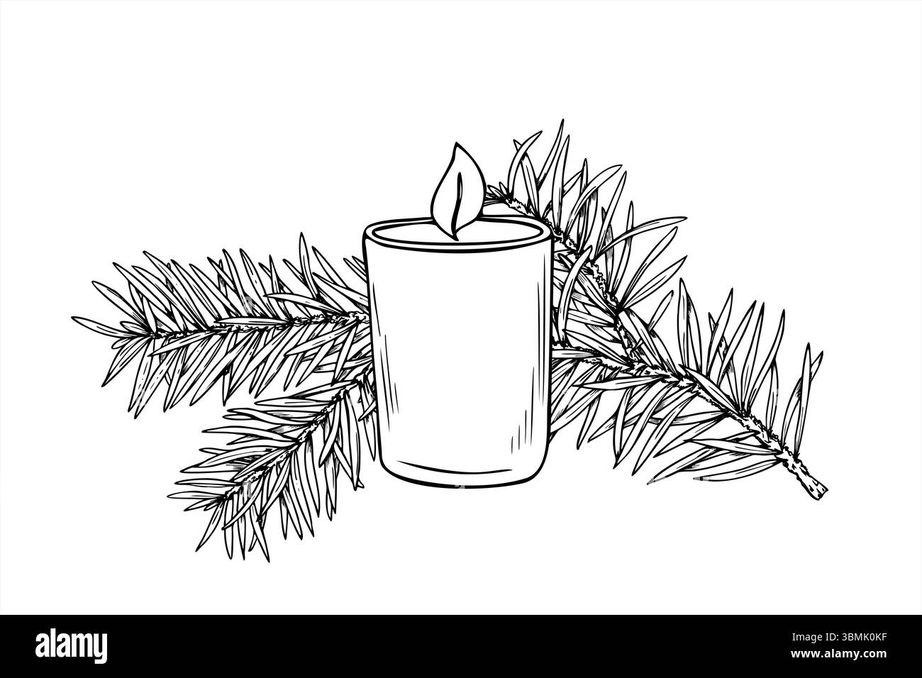Candela bruciata in vaso di vetro con ramo di pino illustrazione vettoriale monocromatica dipinta con inchiostri neri. Decorazioni natalizie per il design delle feste e per le feste Illustrazione Vettoriale