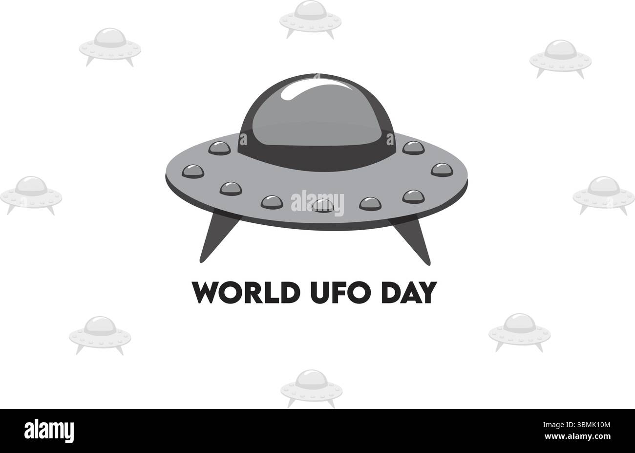 Illustrazione vettoriale del World UFO Day con astronave aliena ed elementi a tema scientifico. Perfetto per fantascienza, esplorazione spaziale ed extraterrestre. Illustrazione Vettoriale