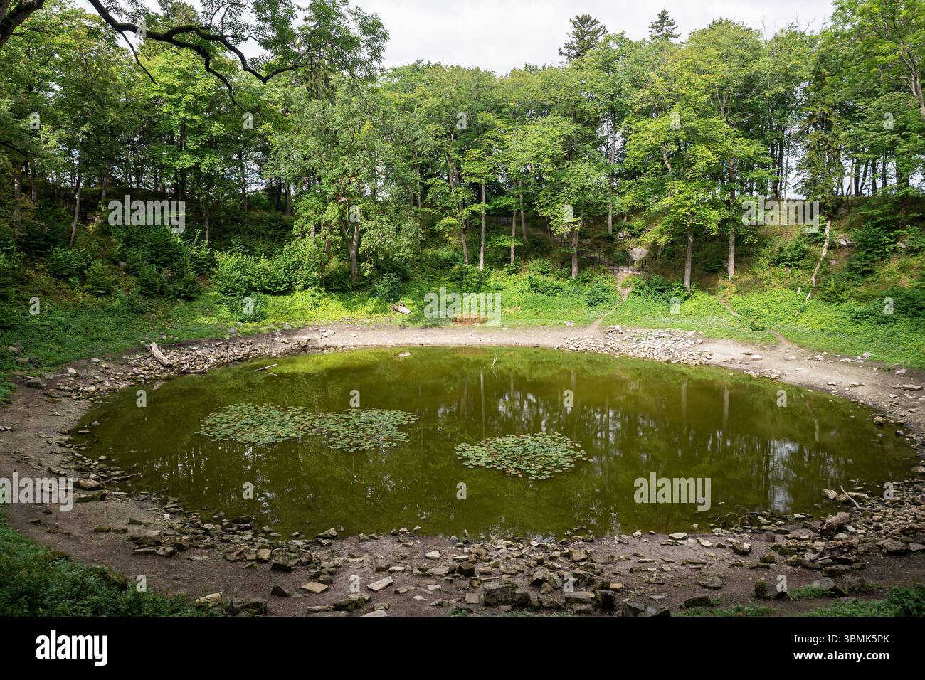 Cratere meteoritico Kaali con acqua e sponde verdi. Sito geologico unico in Estonia Foto Stock