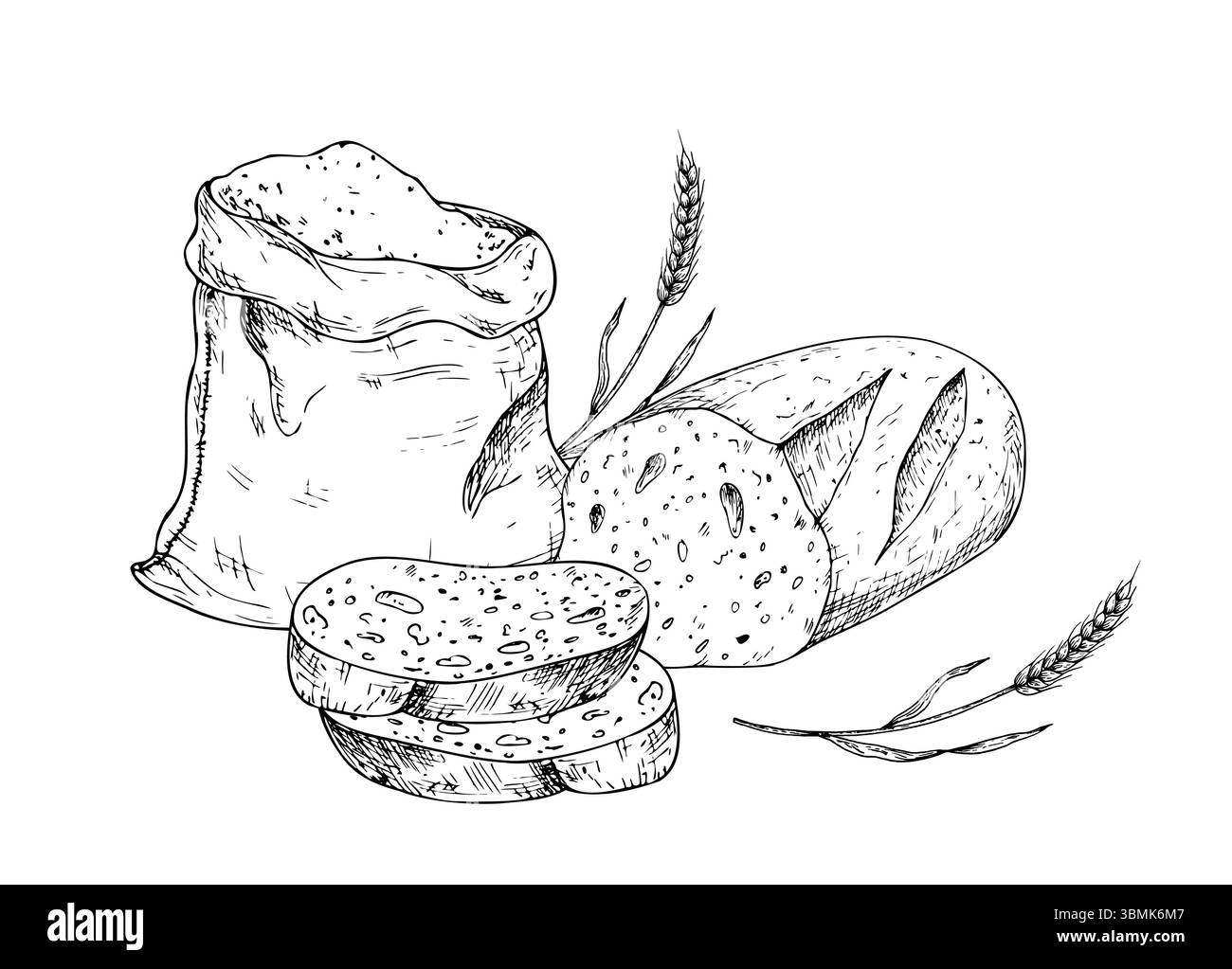 Pane e frumento a fette vettoriali in un sacchetto rustico di tela. Illustrazione disegnata a mano con contorno vintage, perfetta per il branding di prodotti da forno biologici. Progettazione dettagliata Illustrazione Vettoriale