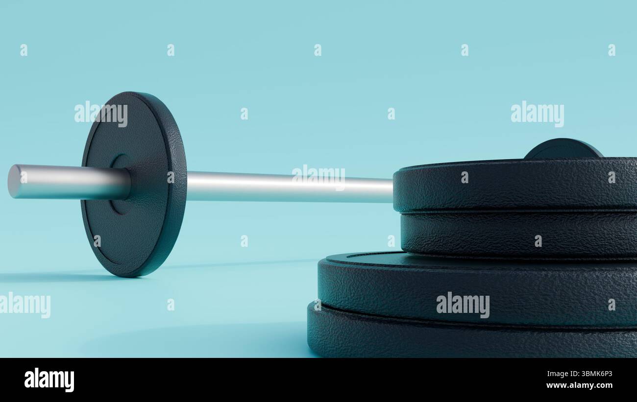 Rendering 3d di un manubrio con diverse piastre di peso, piastre di peso circolari nere. Foto Stock