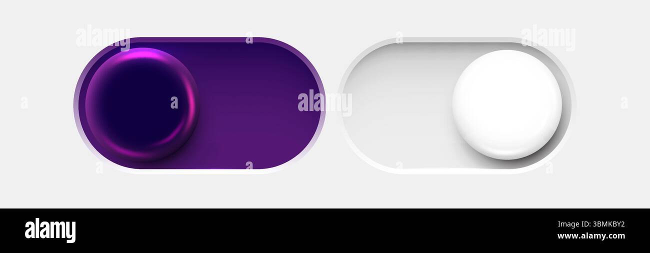 Pulsanti di accensione e spegnimento. Modalità buio e modalità luce. Set di interruttori per design materiale. Pulsante di commutazione della modalità giorno e notte. Illustrazione vettoriale. Illustrazione Vettoriale