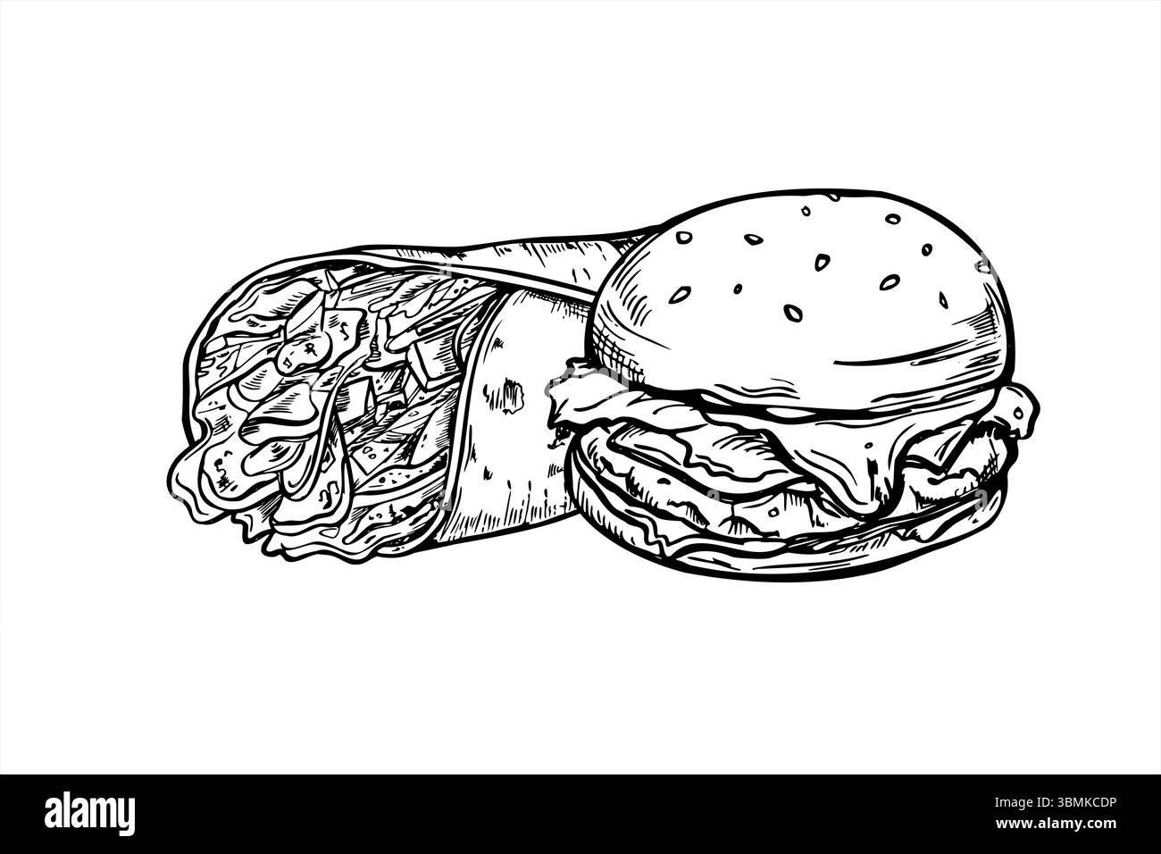 Hamburger di sesamo vettoriale monocromatico e tortilla di farina con verdure, carne alla griglia, illustrazione delle foglie di insalata dipinta con inchiostri neri. Illustrazione Vettoriale